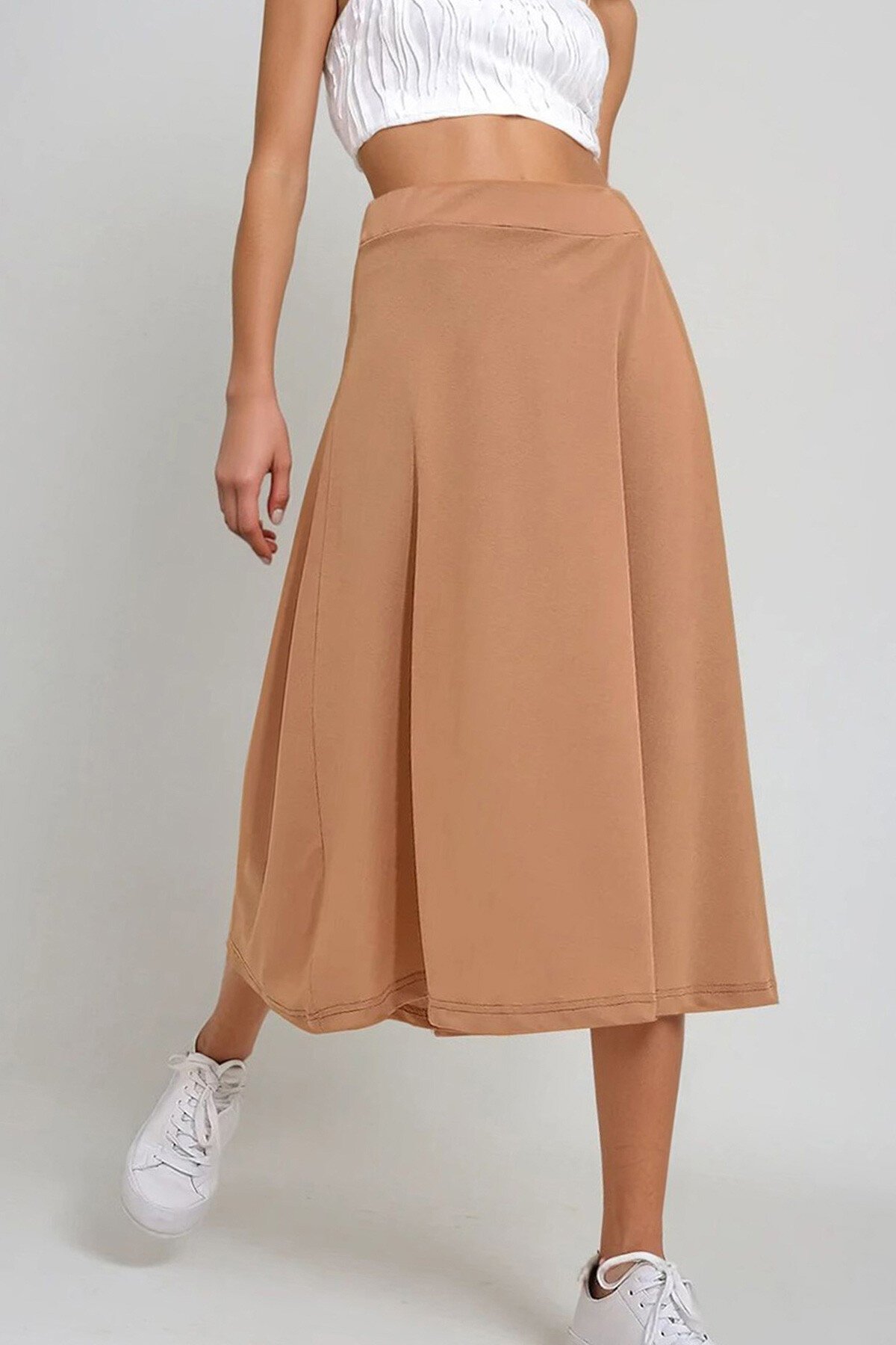 Bisküvi Yüksek Bel Beli Lastikli A Form Midi Boy Etek