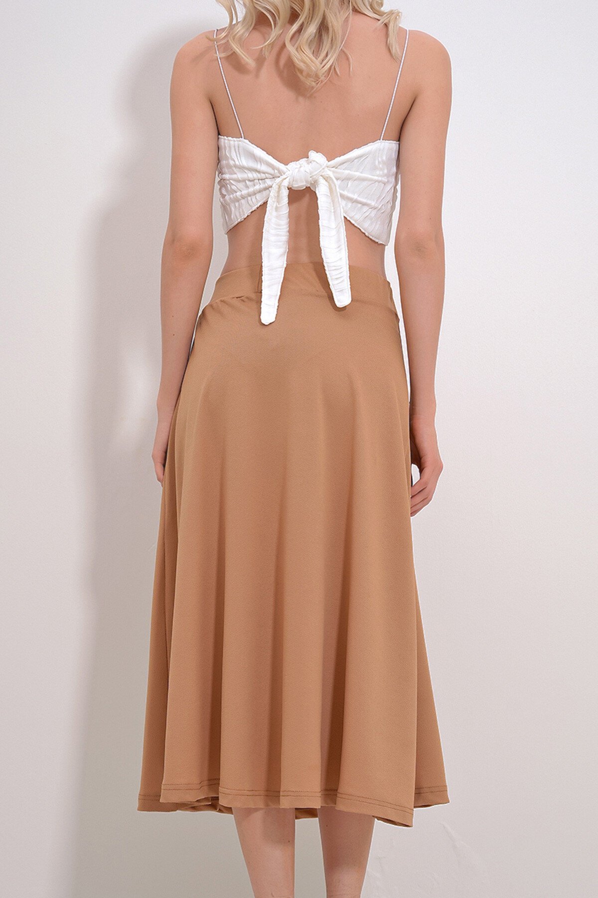 Bisküvi Yüksek Bel Beli Lastikli A Form Midi Boy Etek