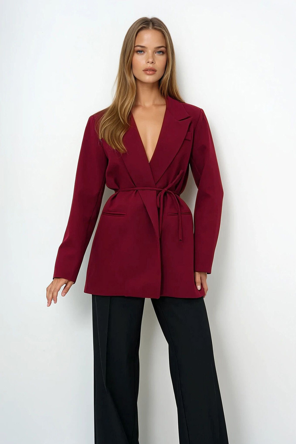 Bordo Bağlamalı Blazer Ceket