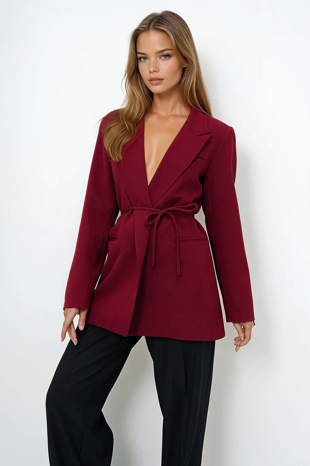 Bordo Bağlamalı Blazer Ceket