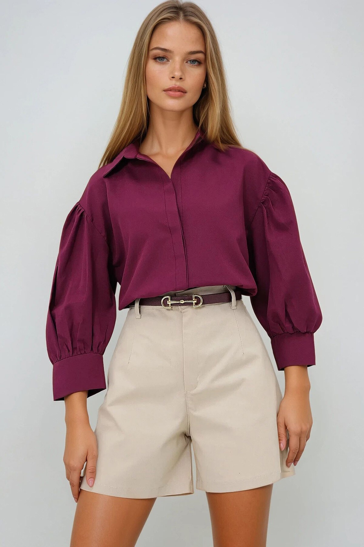 Bordo Balon Kol Gizli Patlı Basic Poplin Gömlek