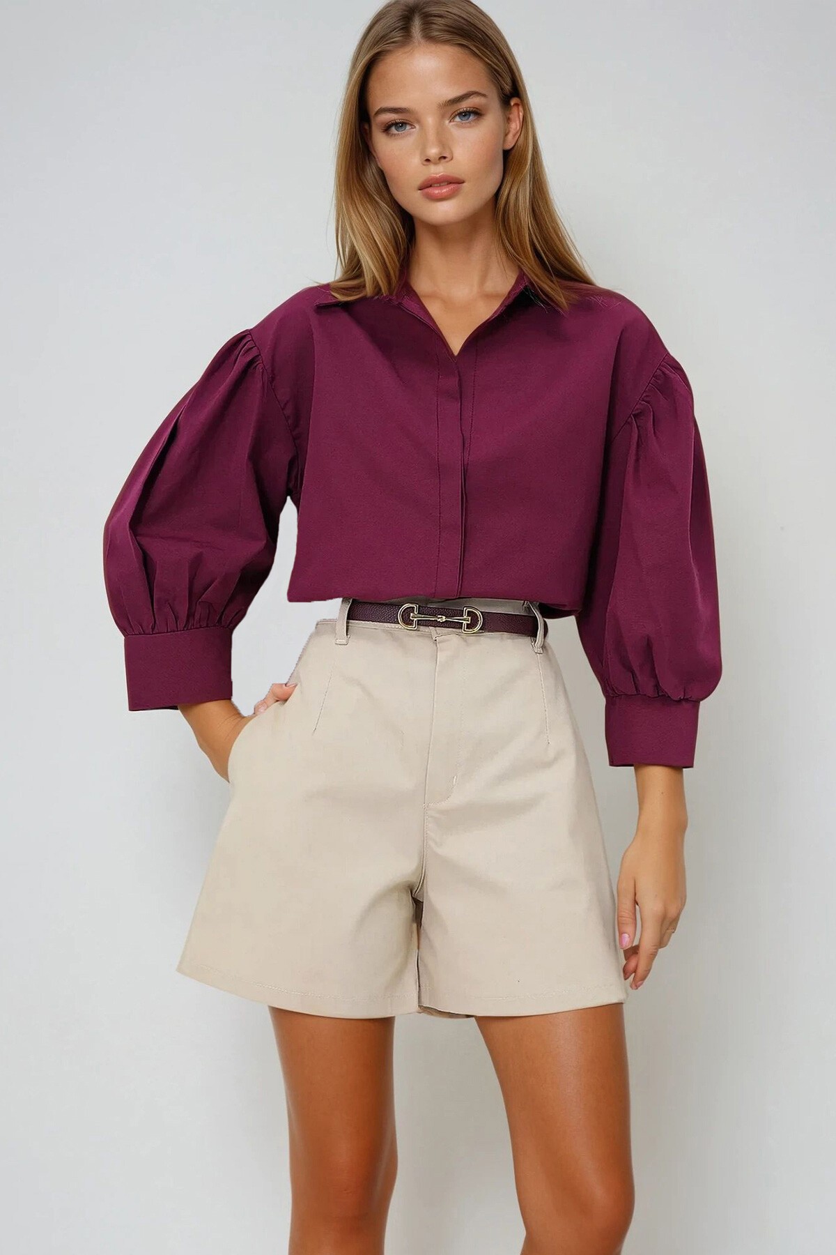 Bordo Balon Kol Gizli Patlı Basic Poplin Gömlek