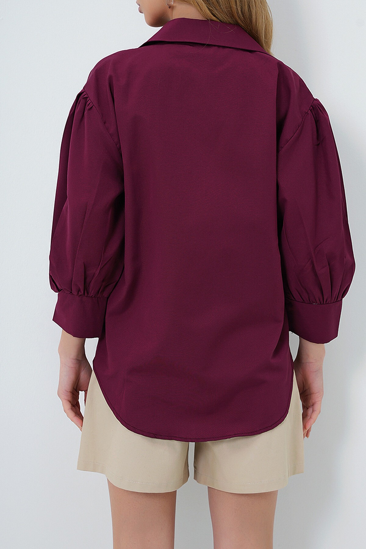 Bordo Balon Kol Gizli Patlı Basic Poplin Gömlek