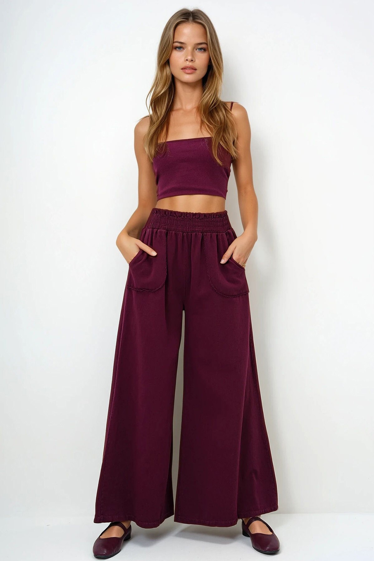 Bordo Beli Gipeli Çift Cepli Bol Paça Gabardin Pantolon