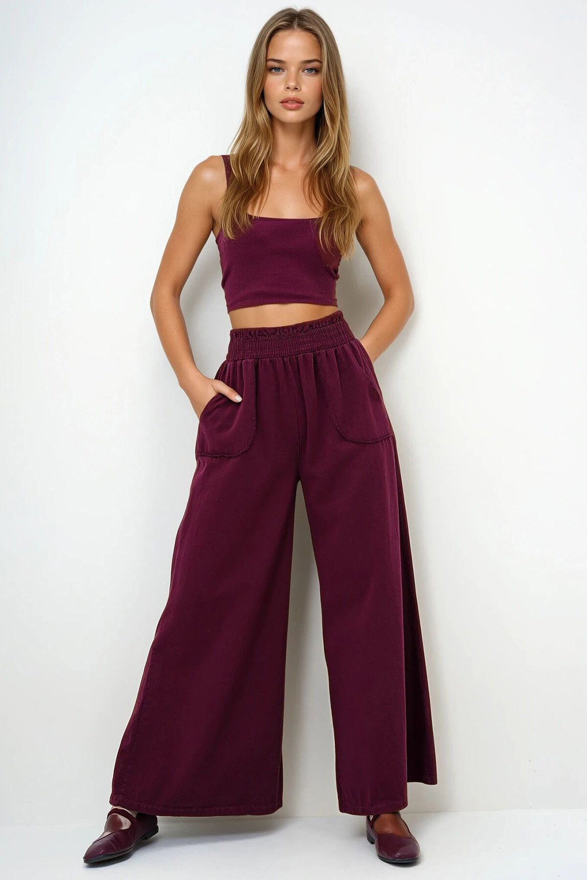 Bordo Beli Gipeli Çift Cepli Bol Paça Gabardin Pantolon