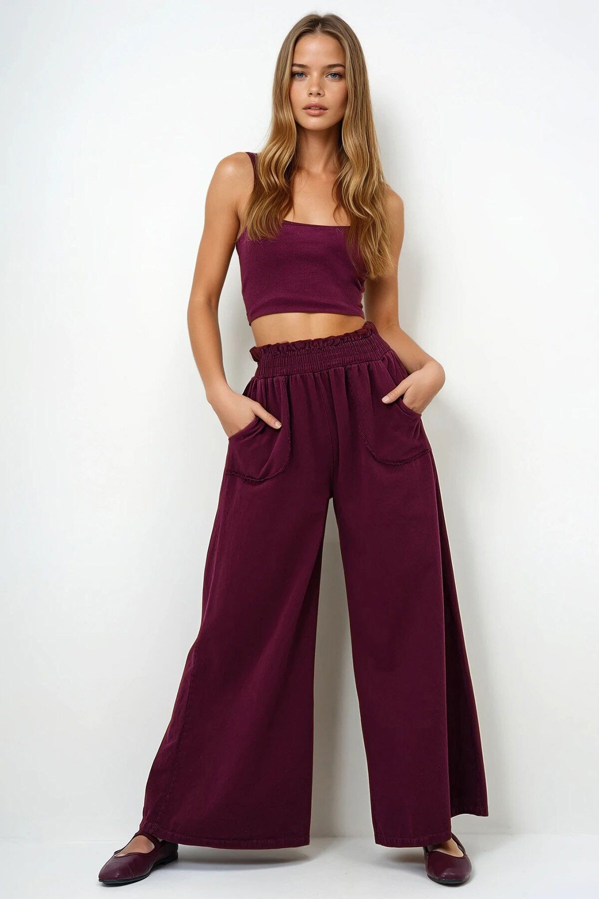 Bordo Beli Gipeli Çift Cepli Bol Paça Gabardin Pantolon