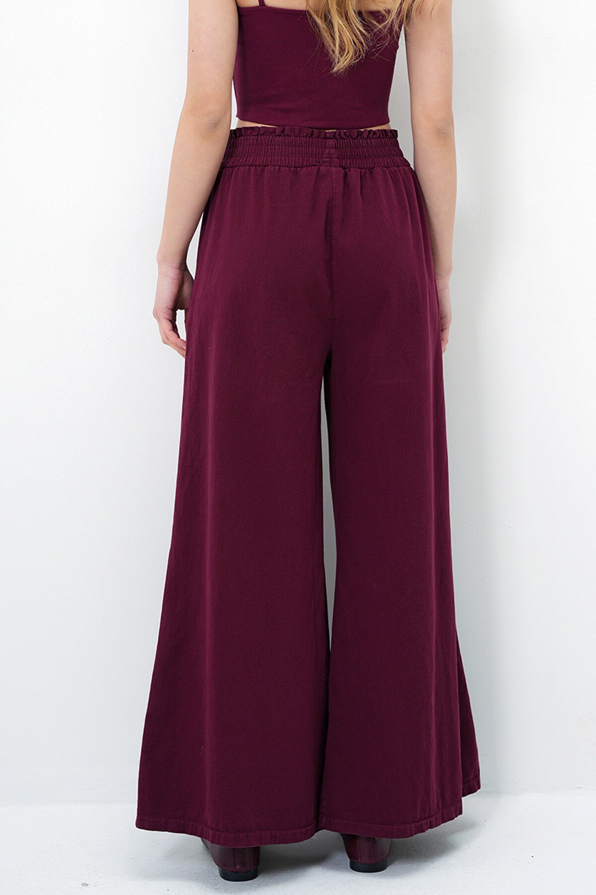 Bordo Beli Gipeli Çift Cepli Bol Paça Gabardin Pantolon