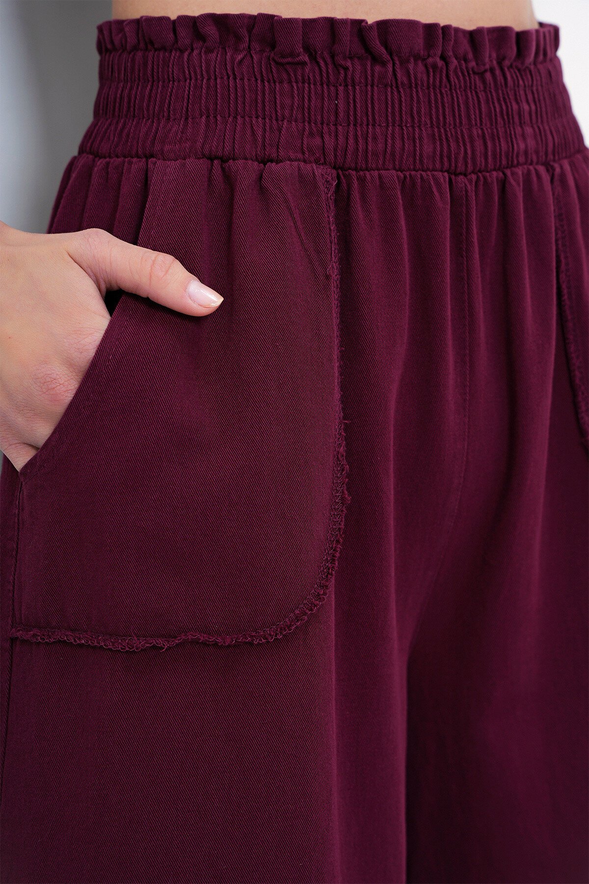 Bordo Beli Gipeli Çift Cepli Bol Paça Gabardin Pantolon