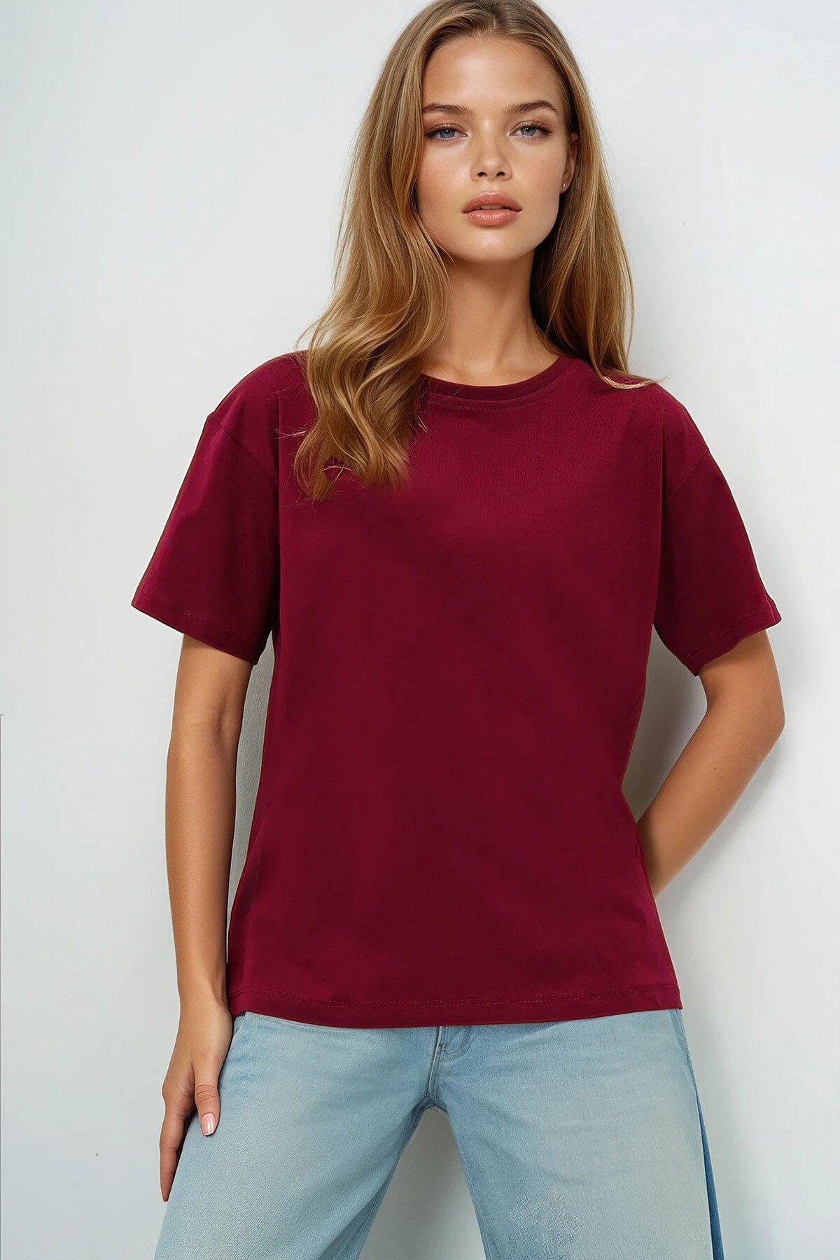 Bordo Beyaz 2Li Paket Bisiklet Yaka Basic T Shırt