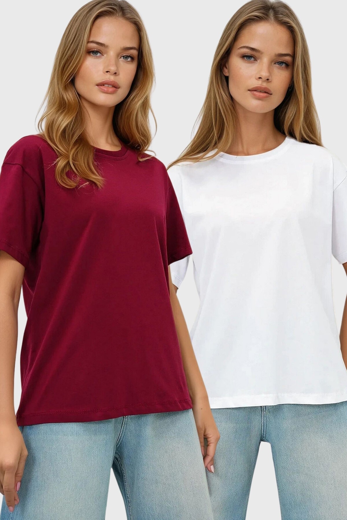 Bordo Beyaz 2Li Paket Bisiklet Yaka Basic T Shırt