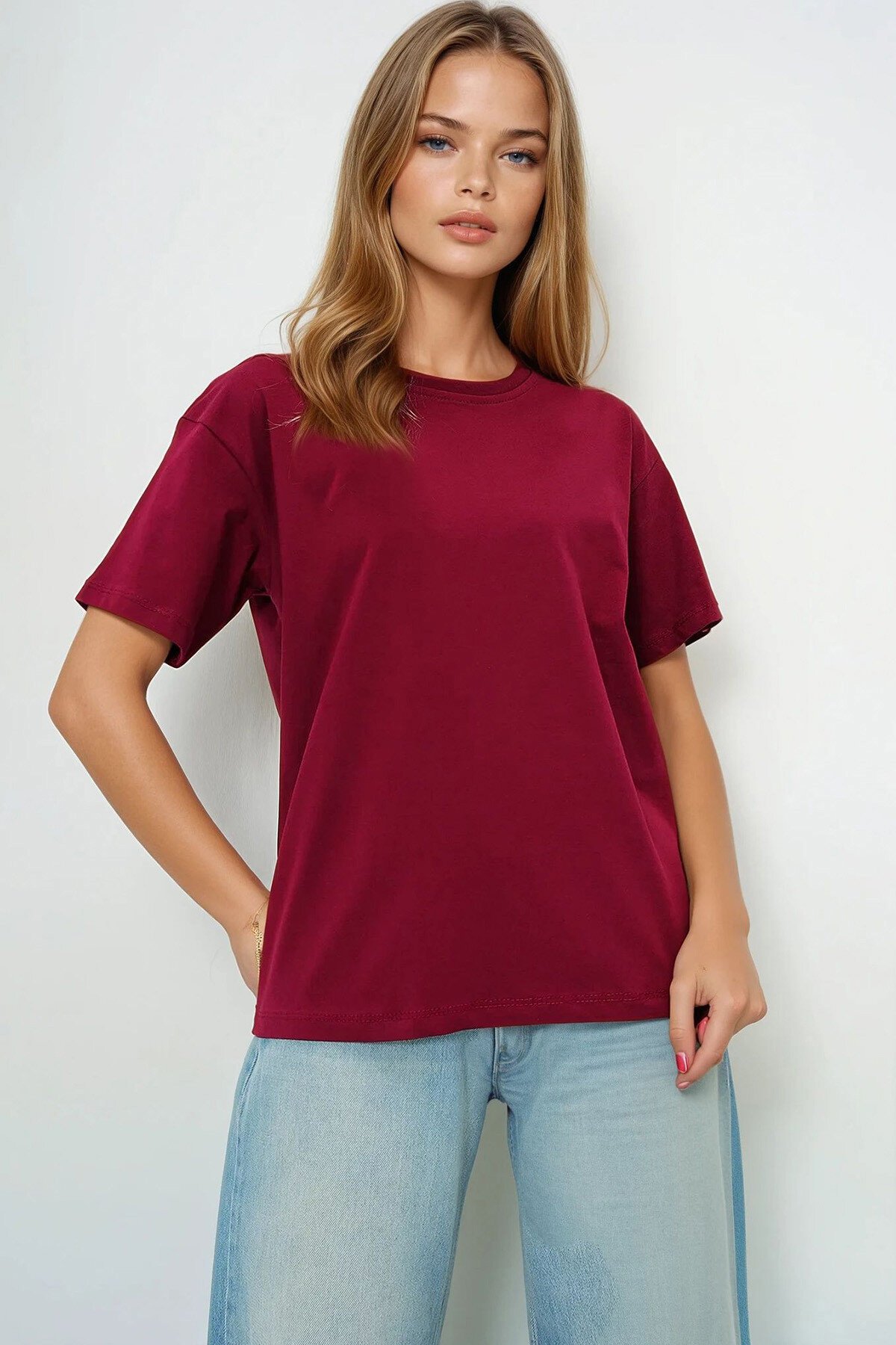 Bordo Beyaz 2Li Paket Bisiklet Yaka Basic T Shırt