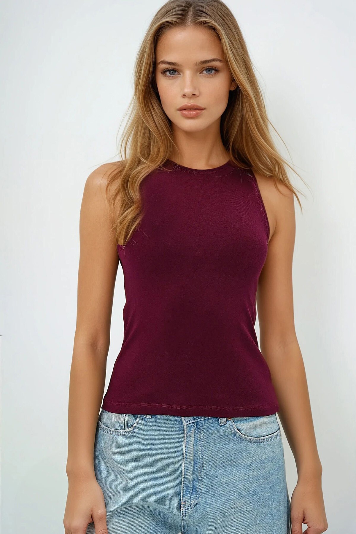 Bordo Beyaz 2Li Paket Bisiklet Yaka Kolsuz Bluz