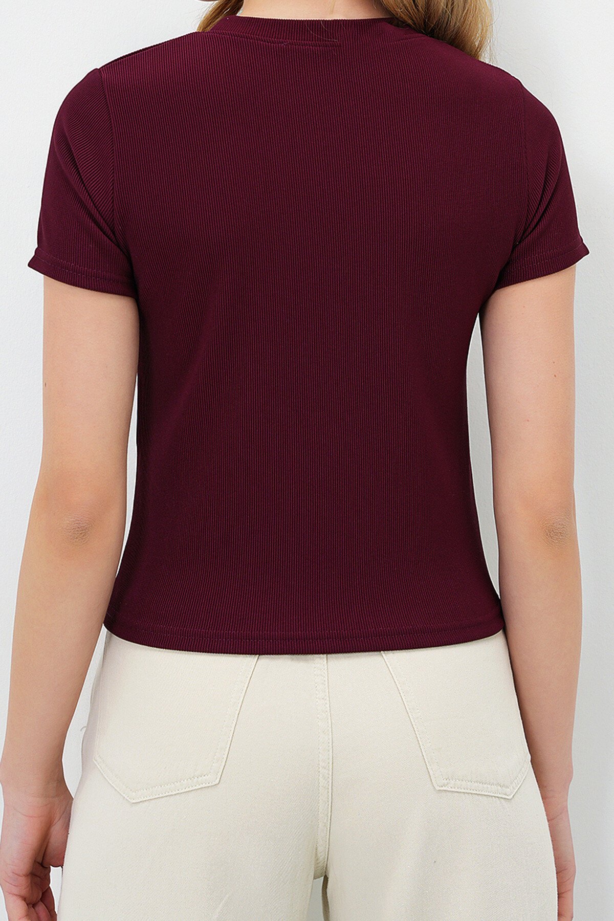 Bordo Bisiklet Yaka Ayıcık Baskılı Crop Bluz