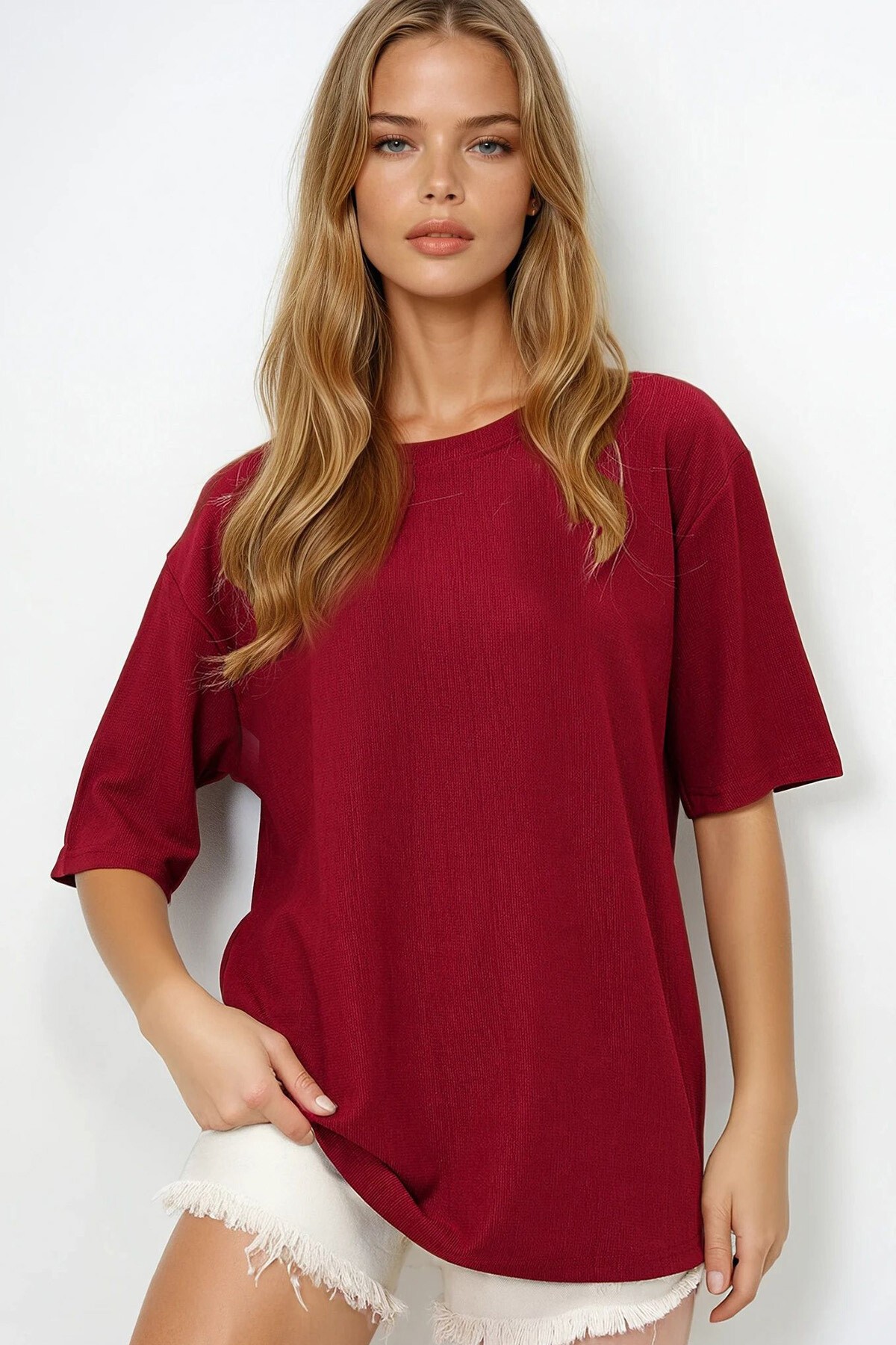 Bordo Bisiklet Yaka Dokulu Basic T Shırt