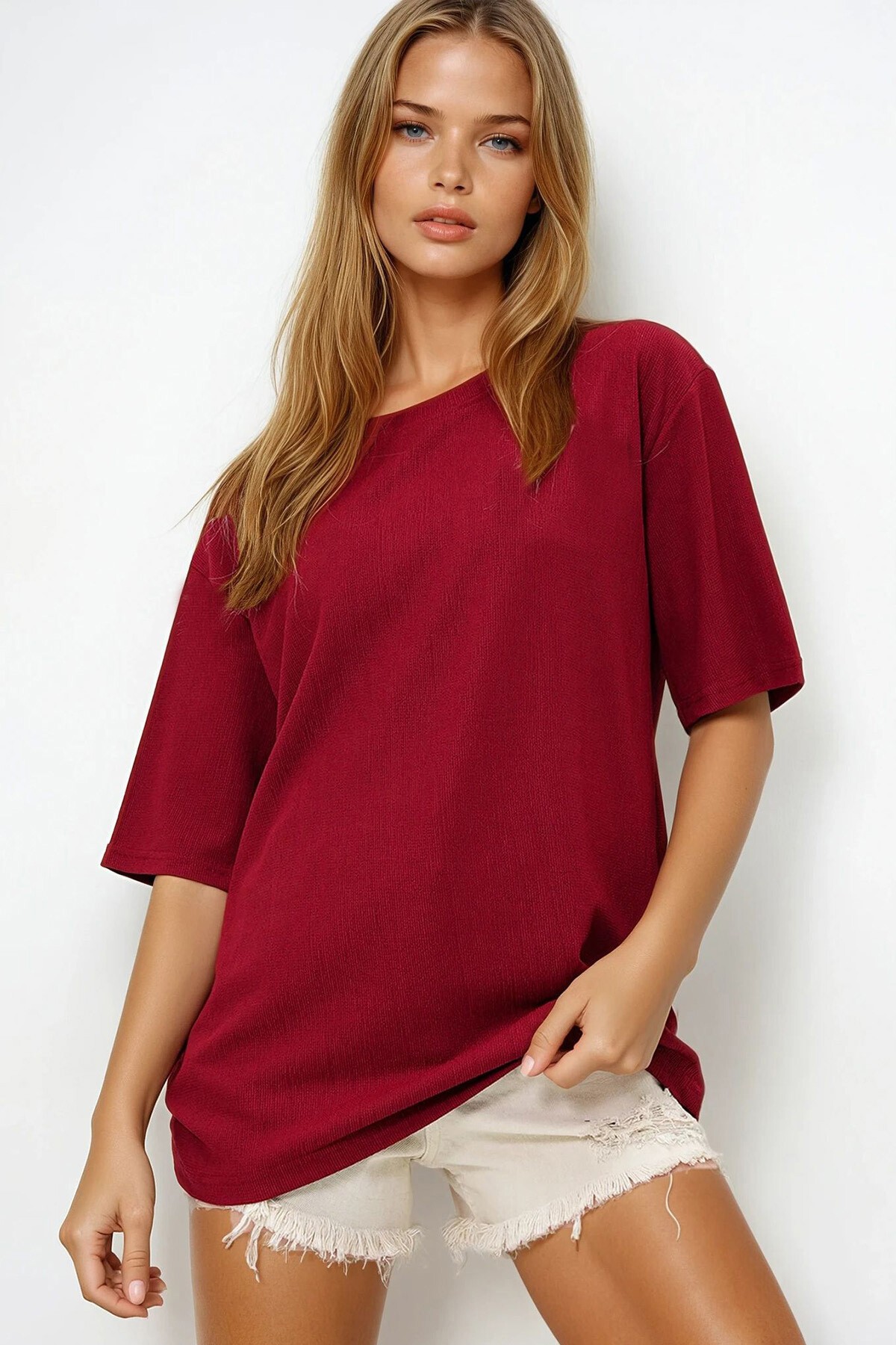 Bordo Bisiklet Yaka Dokulu Basic T Shırt