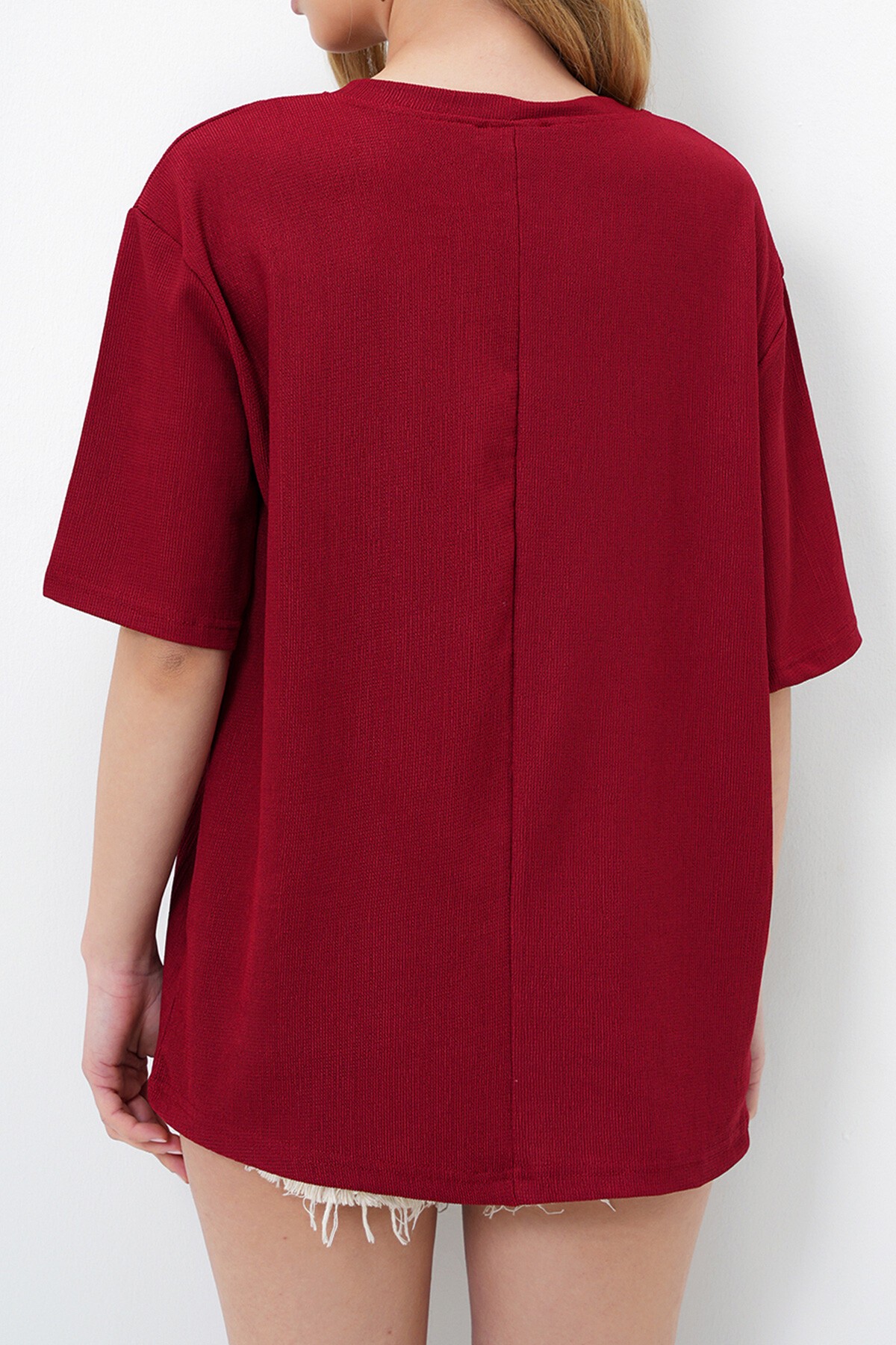 Bordo Bisiklet Yaka Dokulu Basic T Shırt