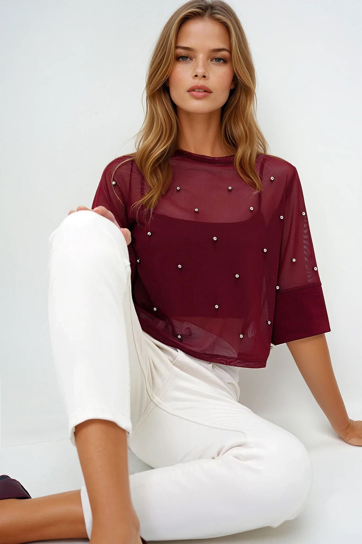 Bordo Bisiklet Yaka Geniş Manşetli İncili Tül Bluz