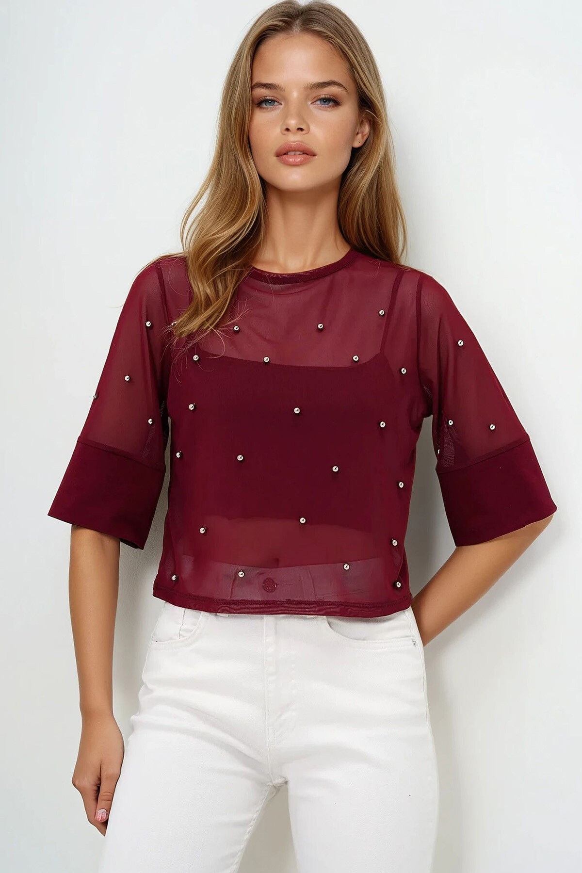 Bordo Bisiklet Yaka Geniş Manşetli İncili Tül Bluz