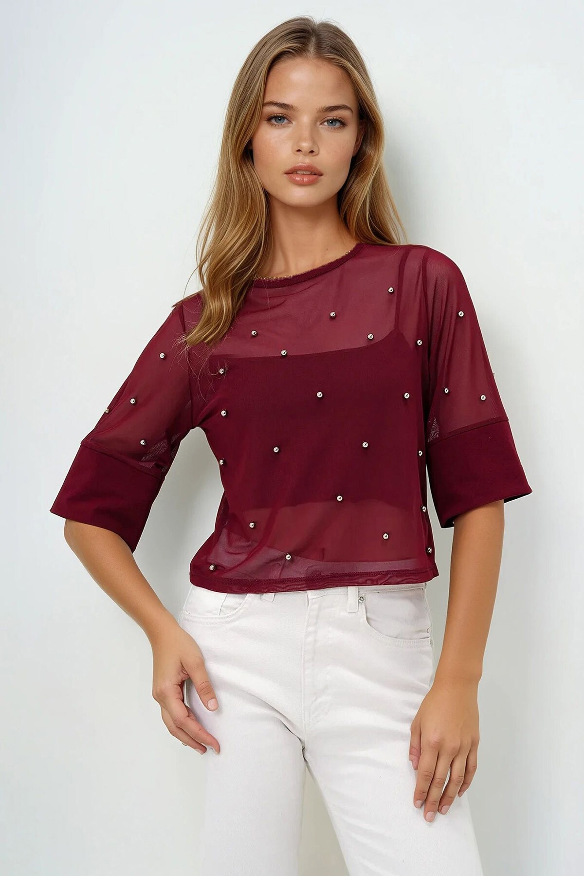 Bordo Bisiklet Yaka Geniş Manşetli İncili Tül Bluz