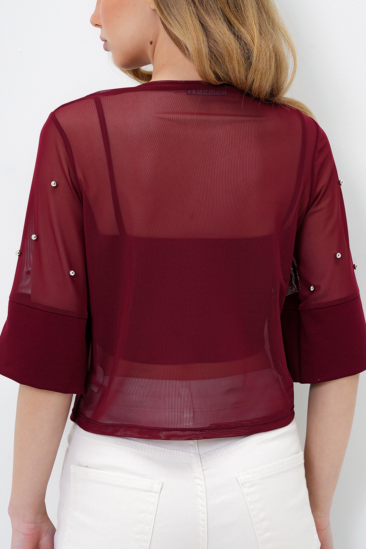 Bordo Bisiklet Yaka Geniş Manşetli İncili Tül Bluz