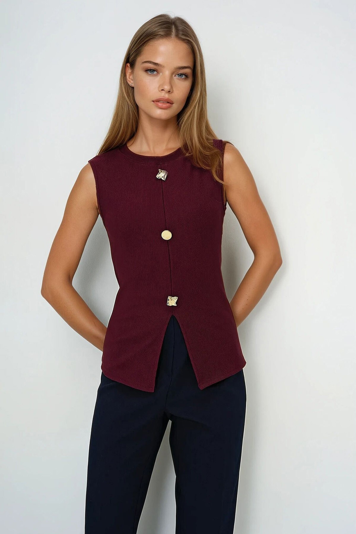 Bordo Bisiklet Yaka Gold Düğmeli Ottoban Bluz