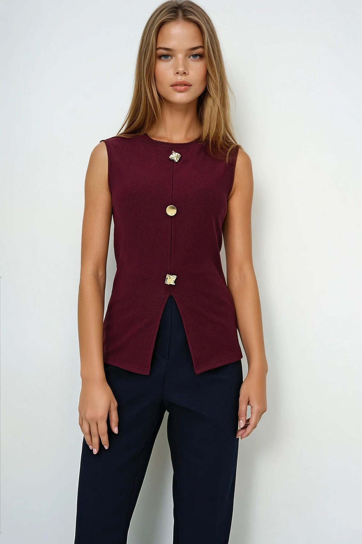 Bordo Bisiklet Yaka Gold Düğmeli Ottoban Bluz