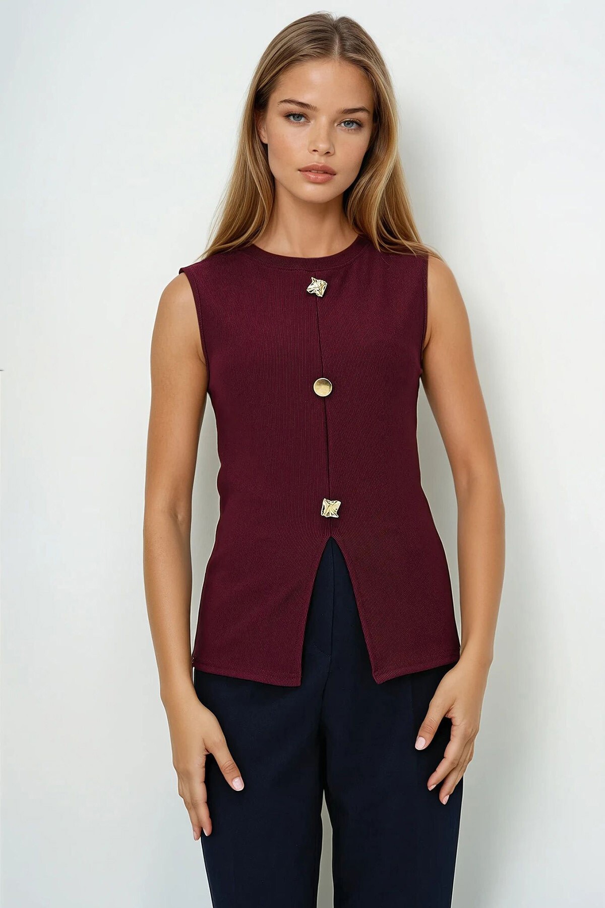 Bordo Bisiklet Yaka Gold Düğmeli Ottoban Bluz