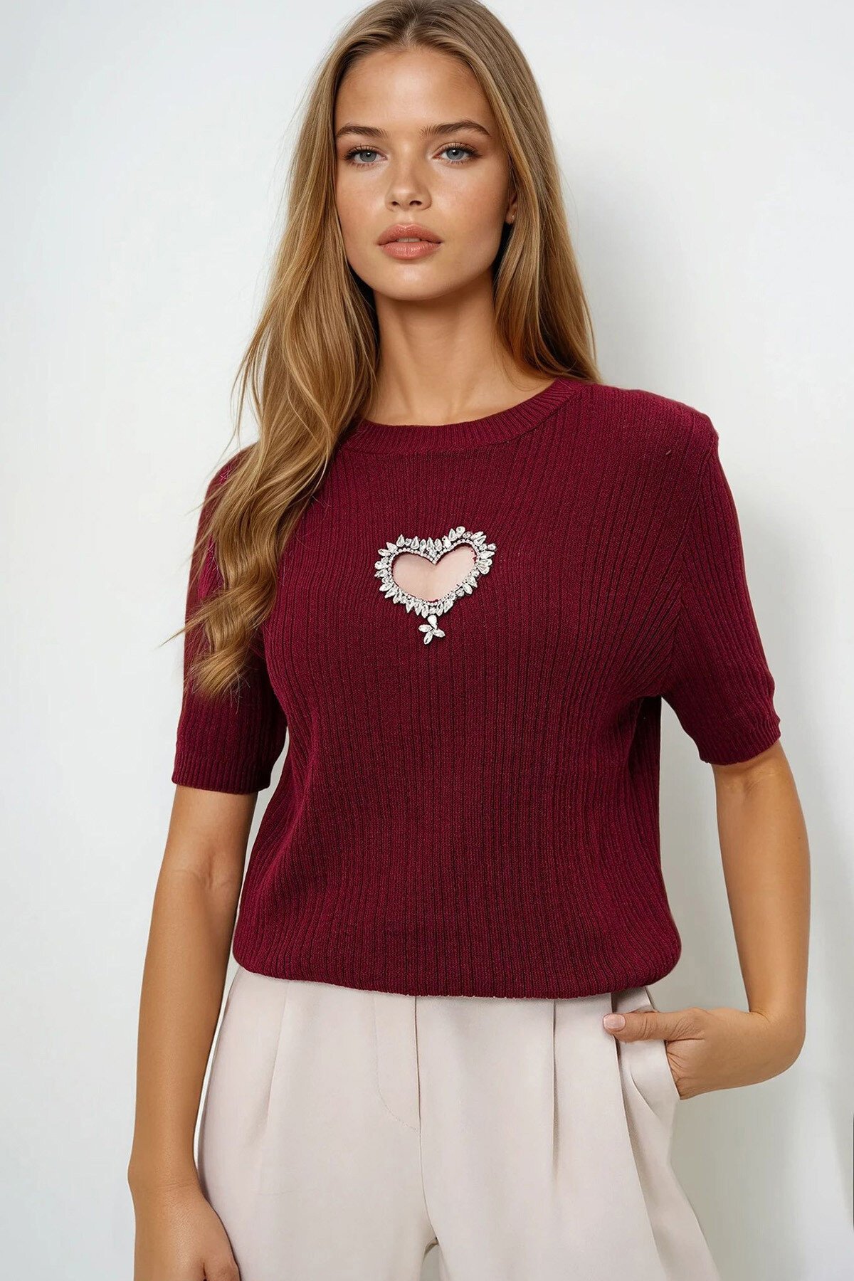 Bordo Bisiklet Yaka Kalp Taş İşlemeli Yazlık Triko Bluz