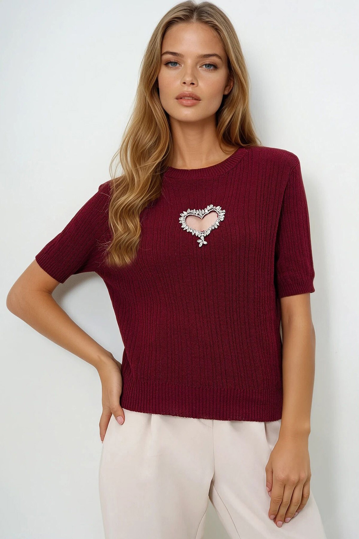 Bordo Bisiklet Yaka Kalp Taş İşlemeli Yazlık Triko Bluz
