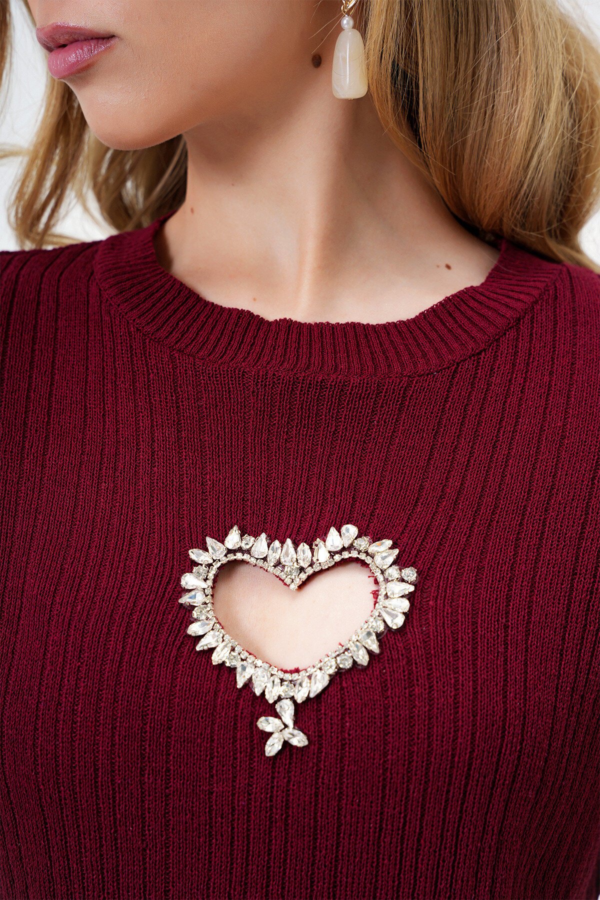 Bordo Bisiklet Yaka Kalp Taş İşlemeli Yazlık Triko Bluz