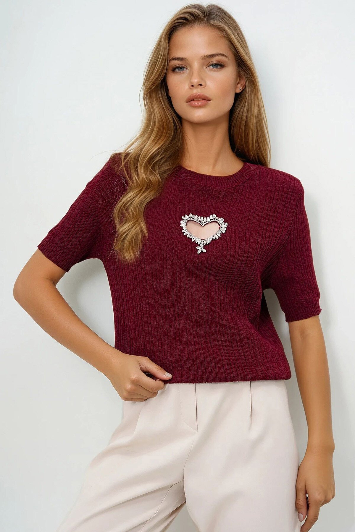 Bordo Bisiklet Yaka Kalp Taş İşlemeli Yazlık Triko Bluz
