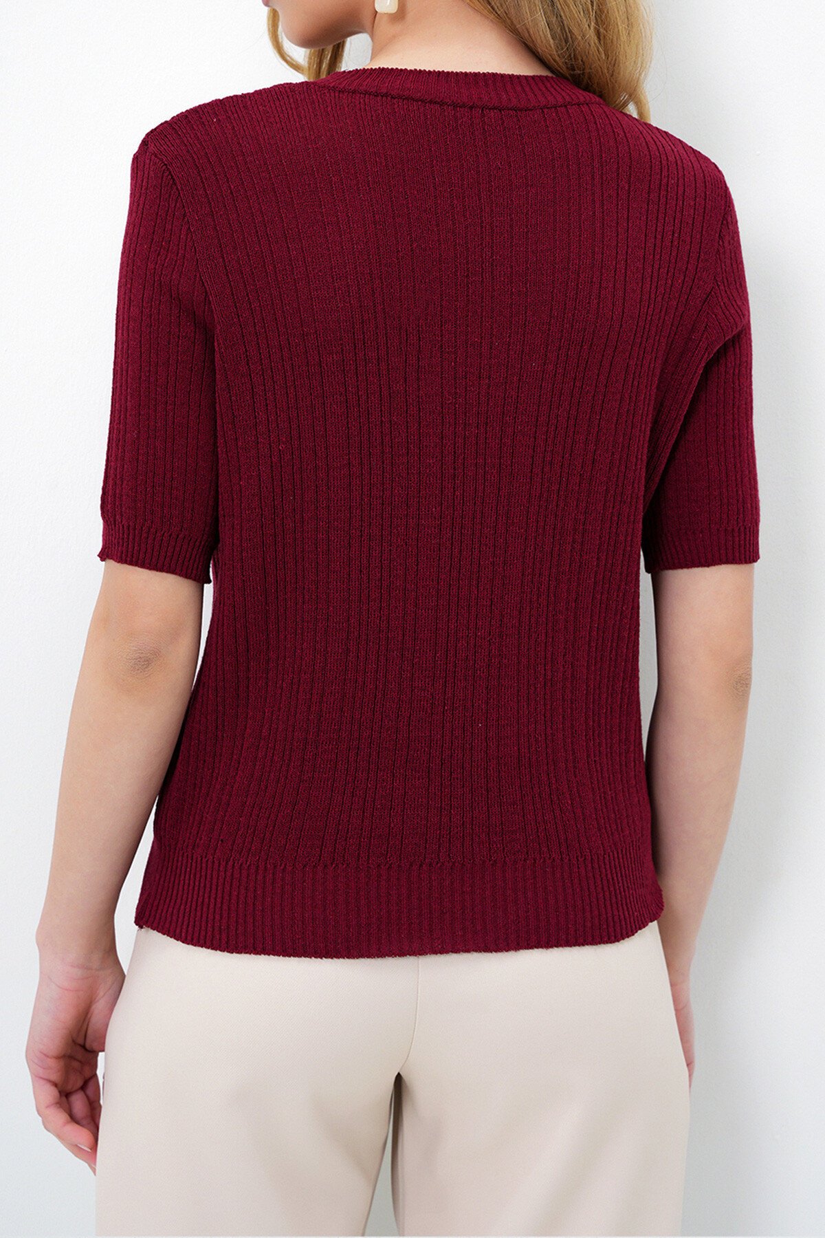 Bordo Bisiklet Yaka Kalp Taş İşlemeli Yazlık Triko Bluz