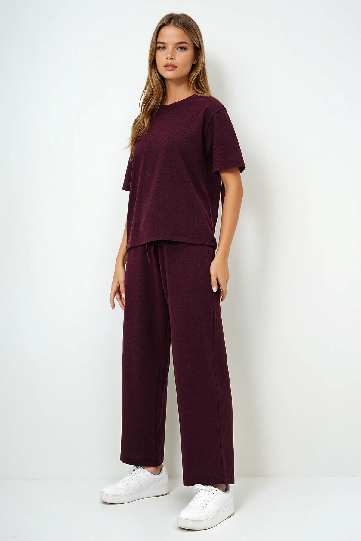 Bordo Bisiklet Yaka Kısa Kol Örme Bluz Ve Palazzo Pantolon Takım