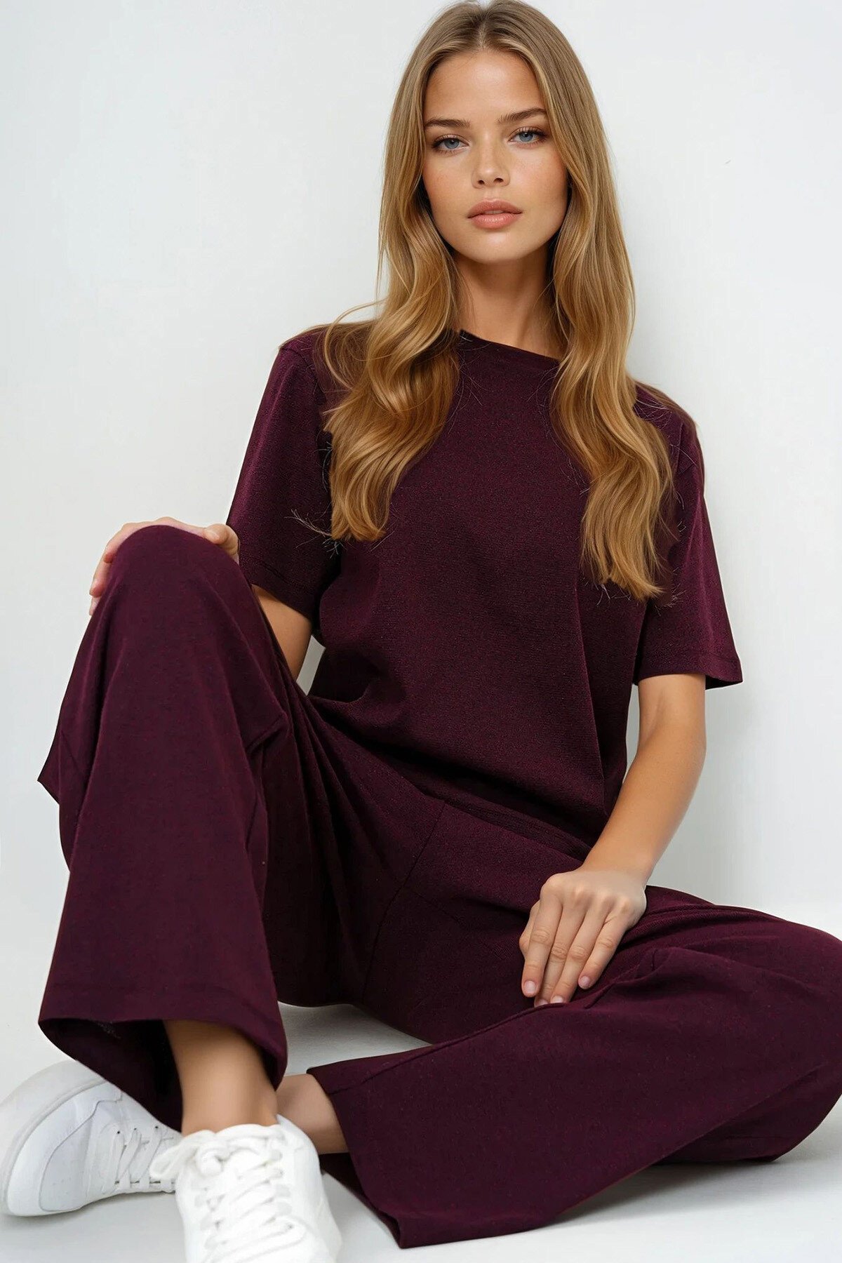 Bordo Bisiklet Yaka Kısa Kol Örme Bluz Ve Palazzo Pantolon Takım