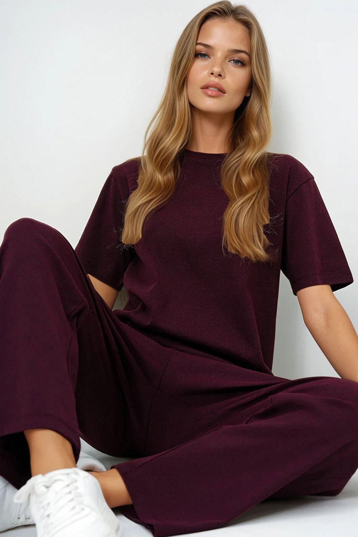 Bordo Bisiklet Yaka Kısa Kol Örme Bluz Ve Palazzo Pantolon Takım