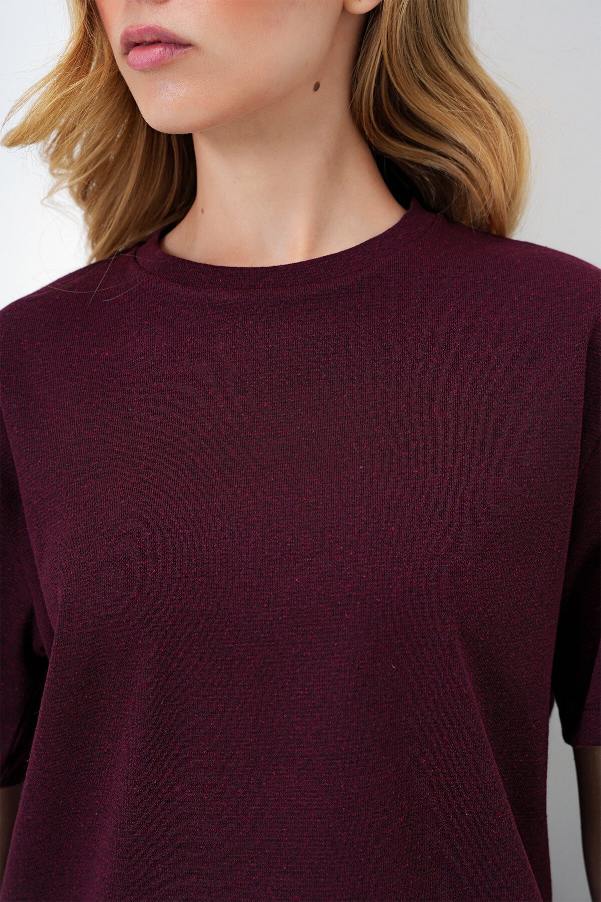 Bordo Bisiklet Yaka Kısa Kol Örme Bluz Ve Palazzo Pantolon Takım