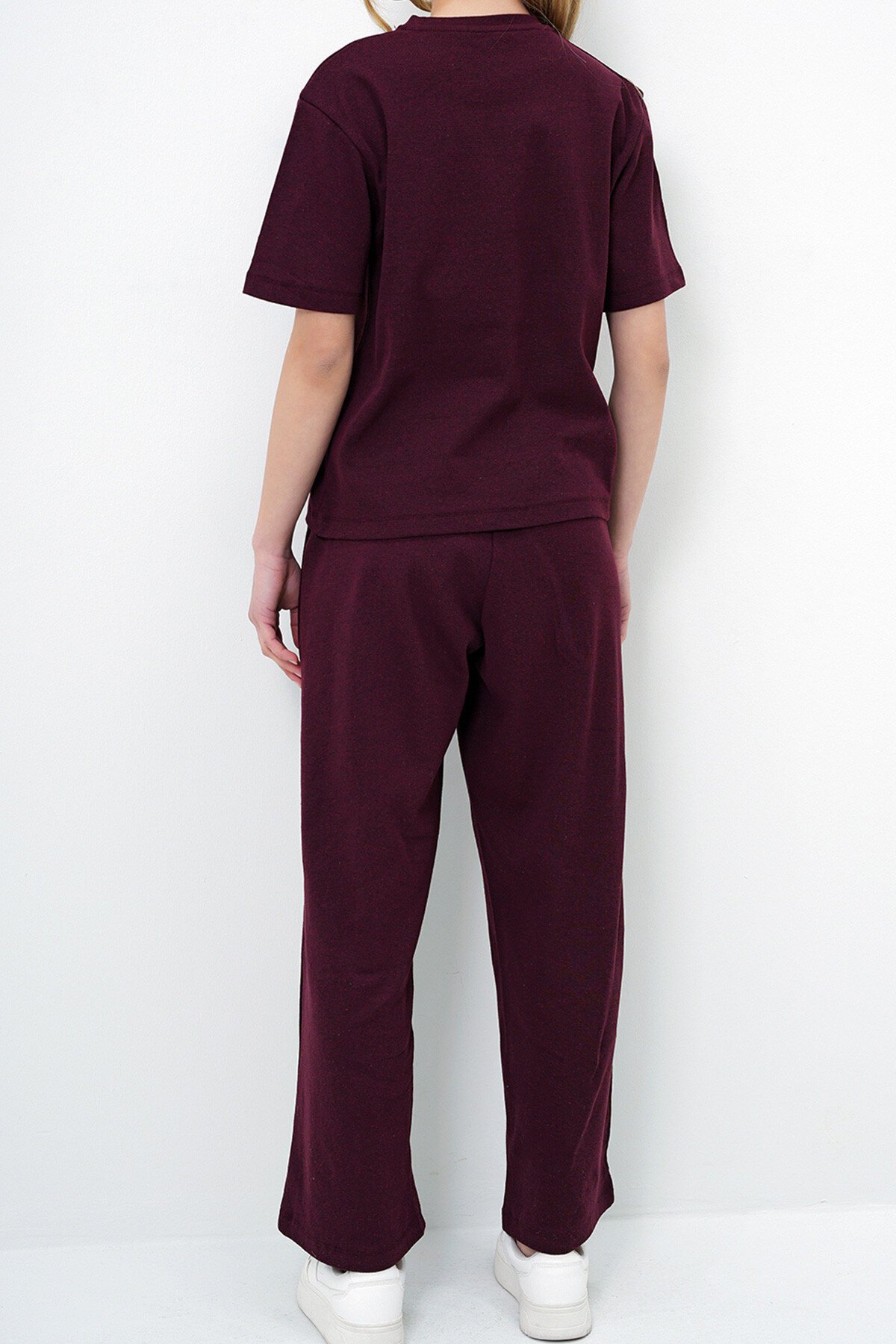 Bordo Bisiklet Yaka Kısa Kol Örme Bluz Ve Palazzo Pantolon Takım