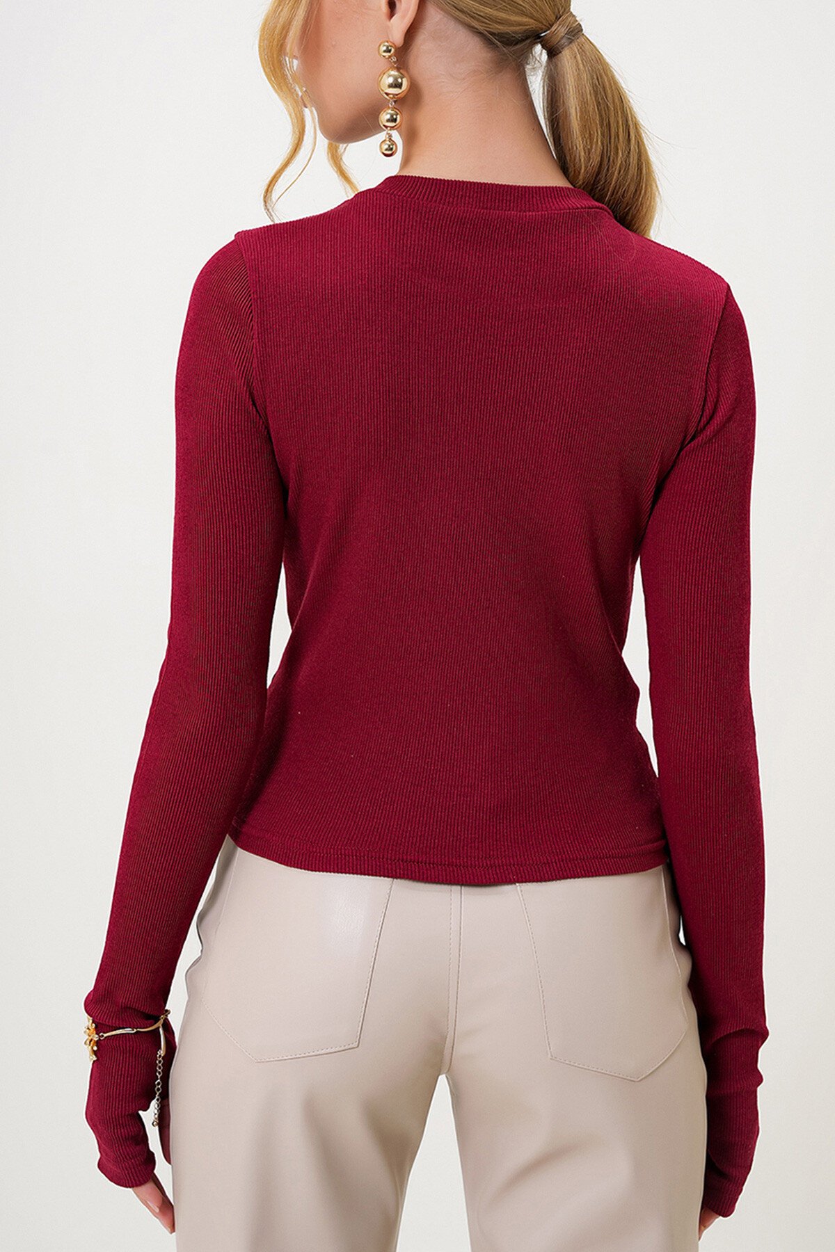 Bordo Bisiklet Yaka Uzun Kol Parmak Detaylı Kaşkorse Bluz