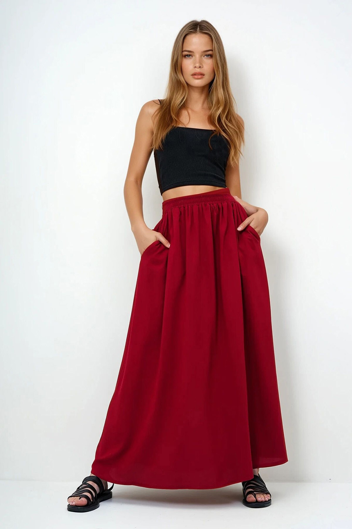 Bordo Çift Cepli Kloş Dokuma Etek