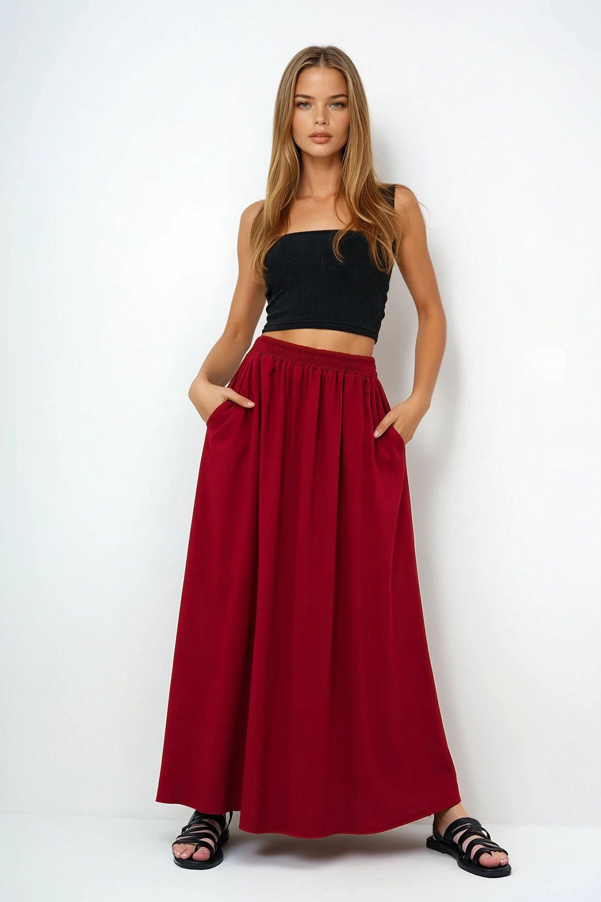 Bordo Çift Cepli Kloş Dokuma Etek