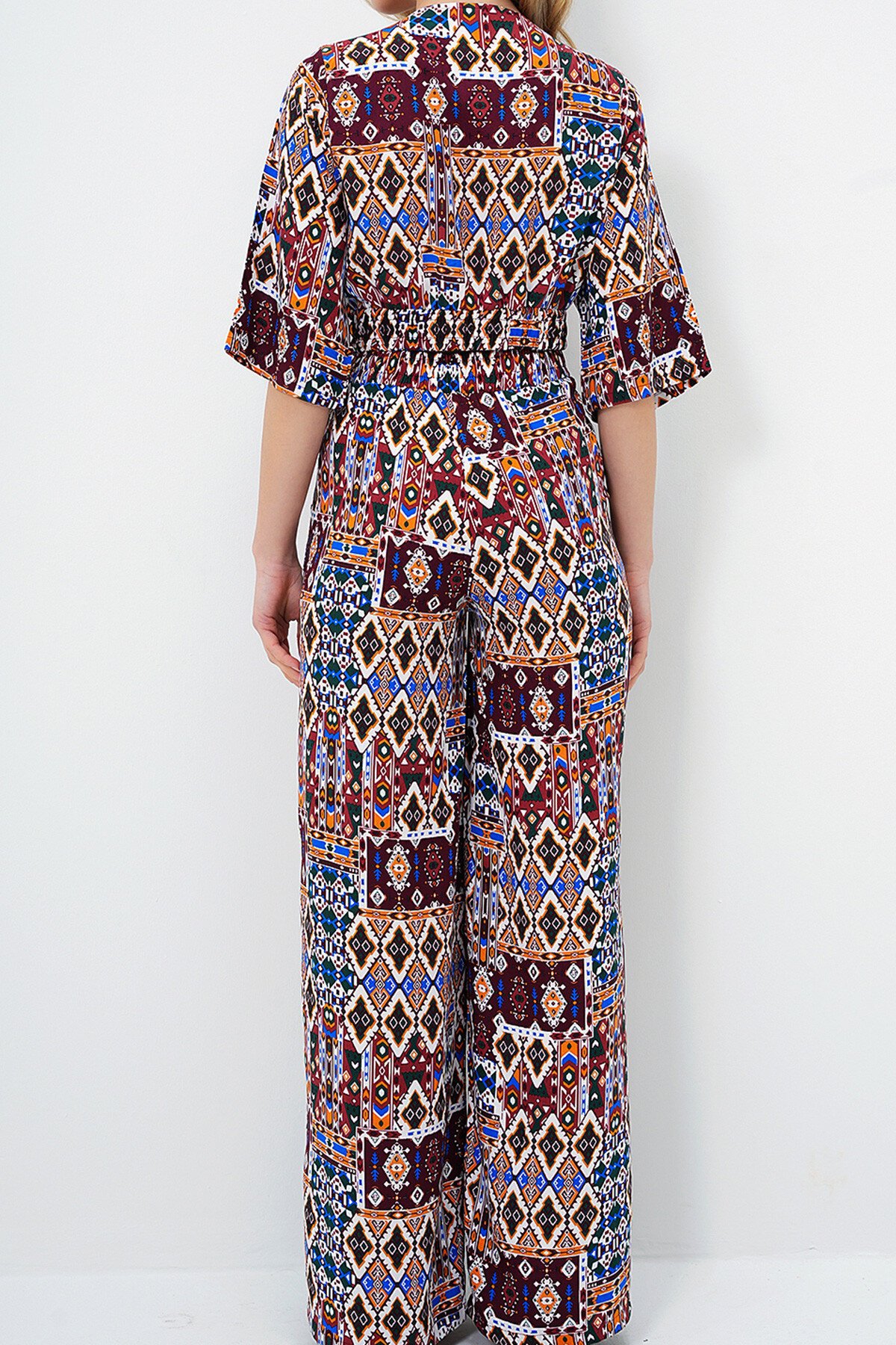 Bordo Etnik Desenli Kruvaze Yaka Dokuma Crop Bluz Ve Çift Cepli Pantolon Takım