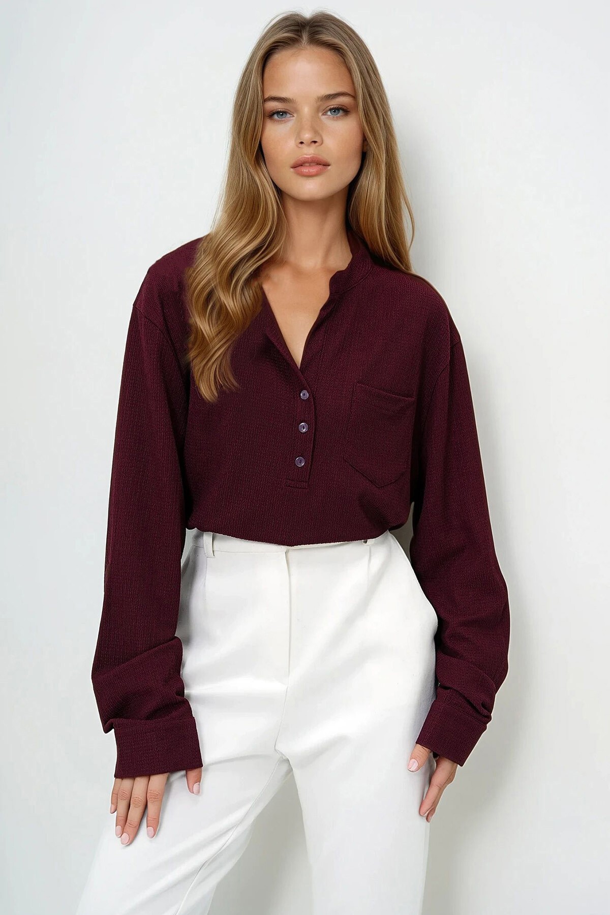 Bordo Geniş Kesim Önü Düğmeli Tek Cepli Crop Bluz