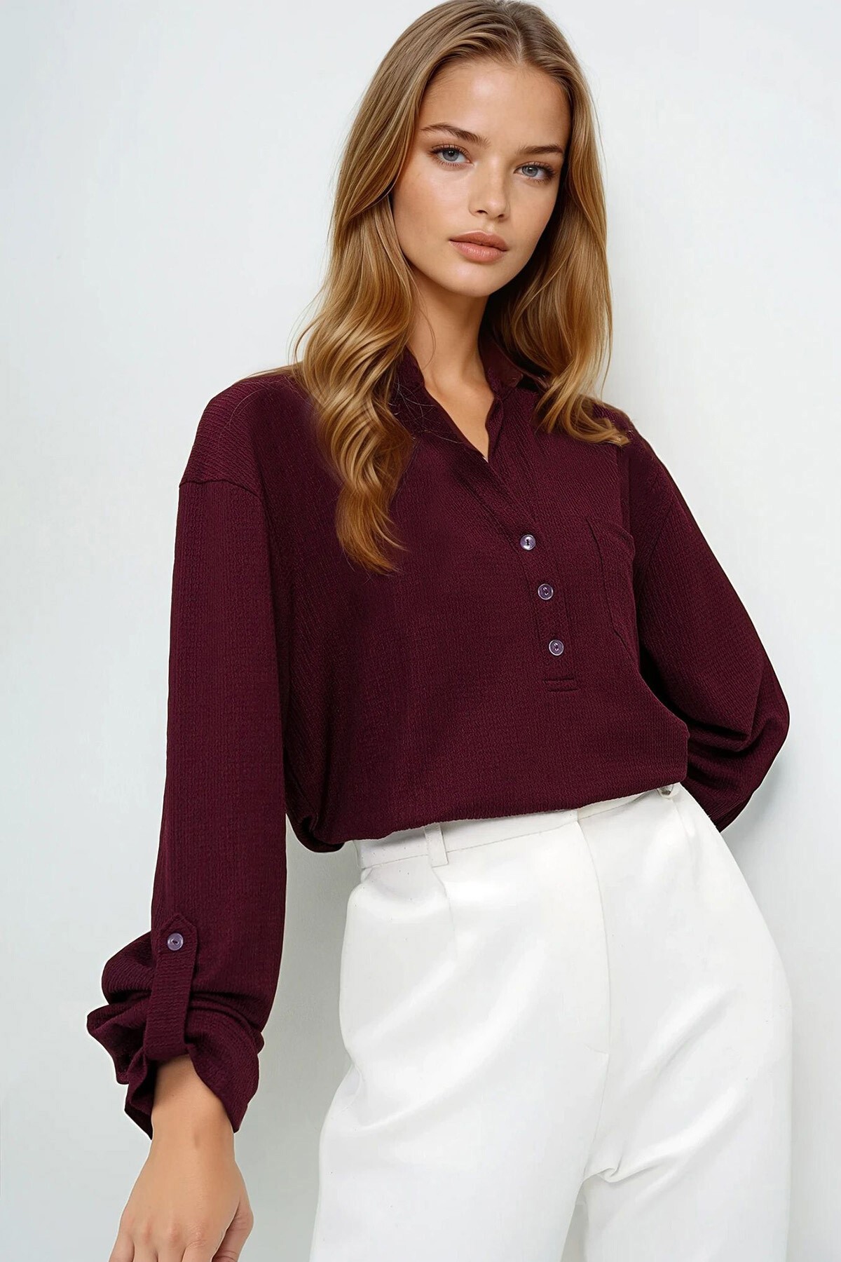 Bordo Geniş Kesim Önü Düğmeli Tek Cepli Crop Bluz