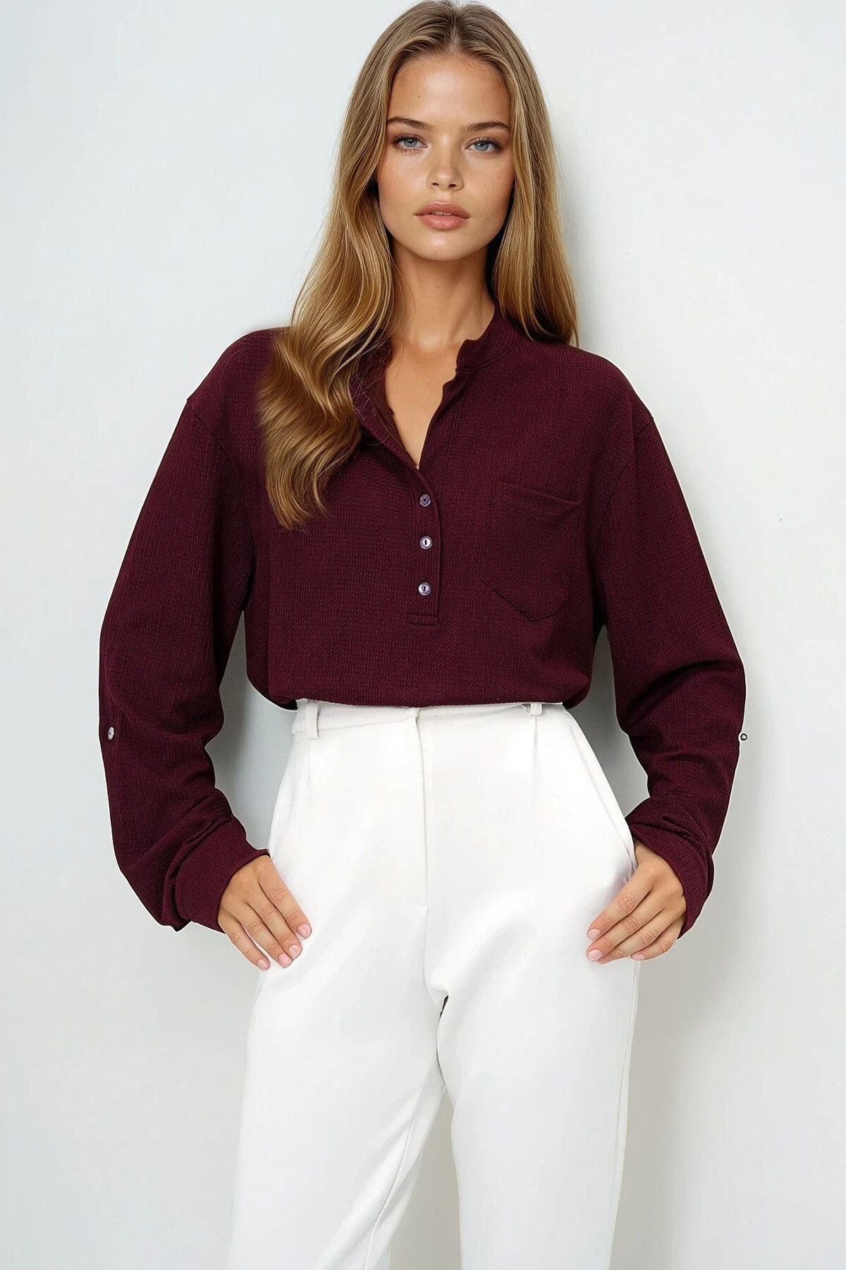 Bordo Geniş Kesim Önü Düğmeli Tek Cepli Crop Bluz