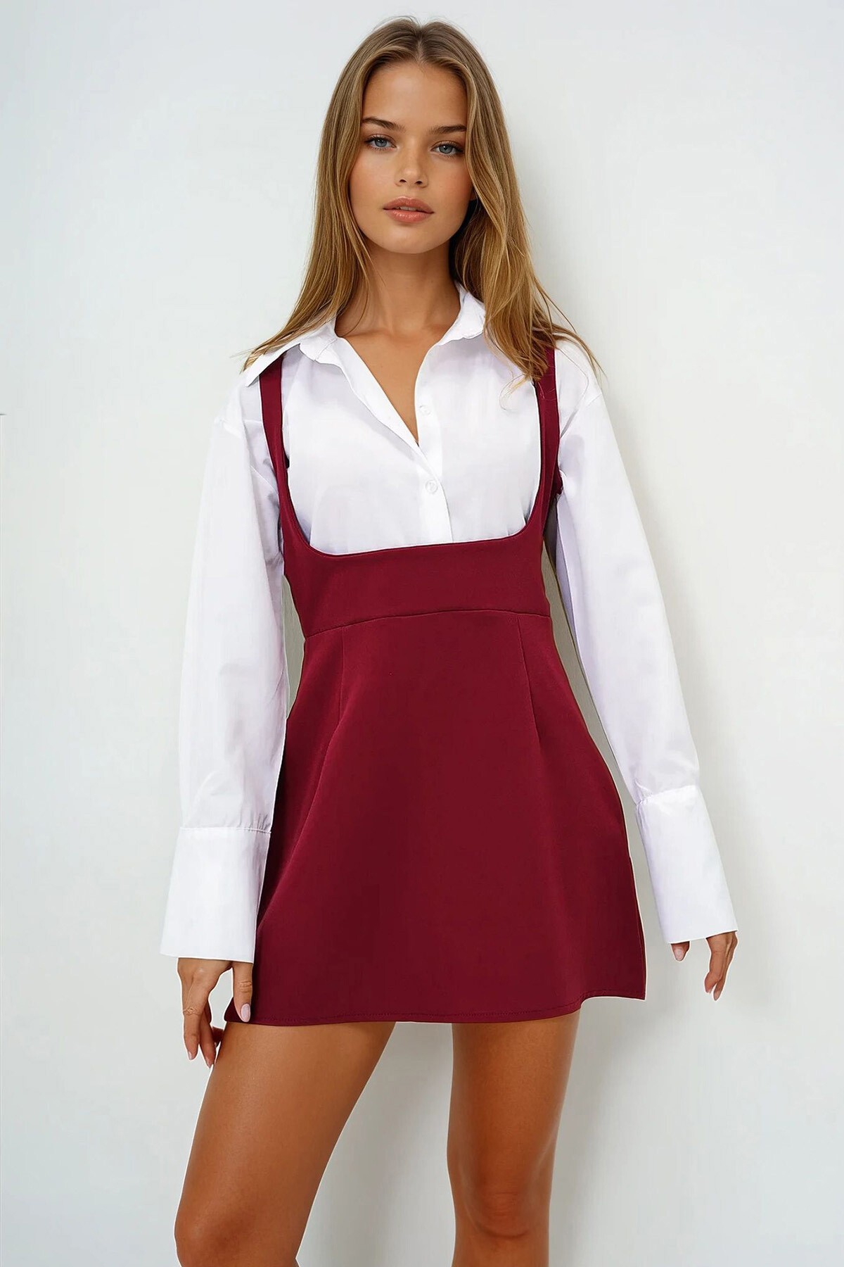 Bordo Gömlek Garnili Kalın Askılı Jile Elbise