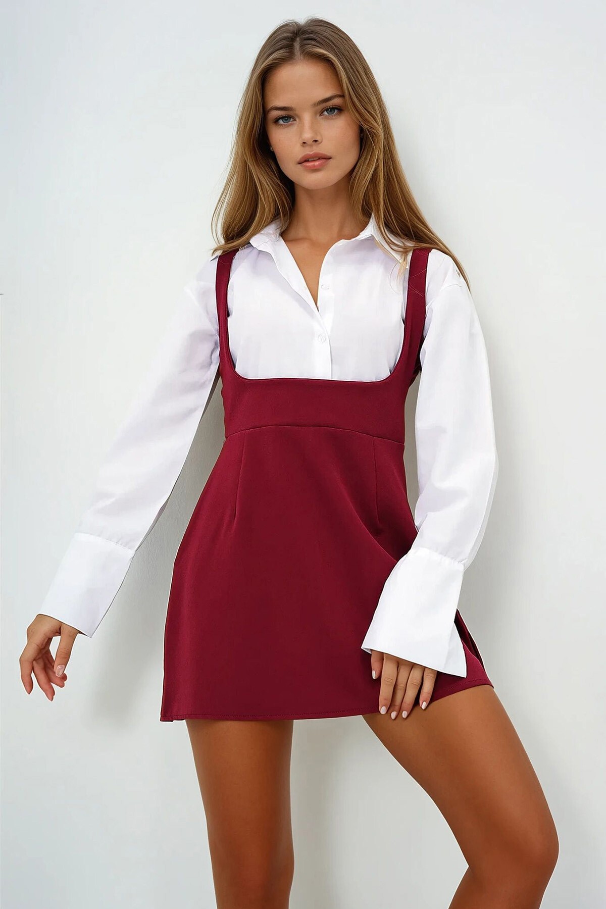 Bordo Gömlek Garnili Kalın Askılı Jile Elbise