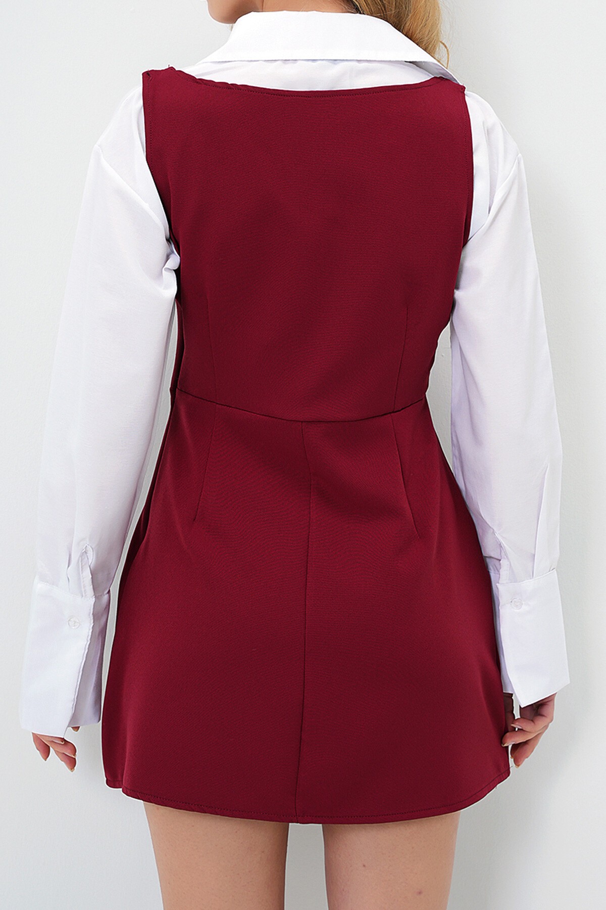 Bordo Gömlek Garnili Kalın Askılı Jile Elbise