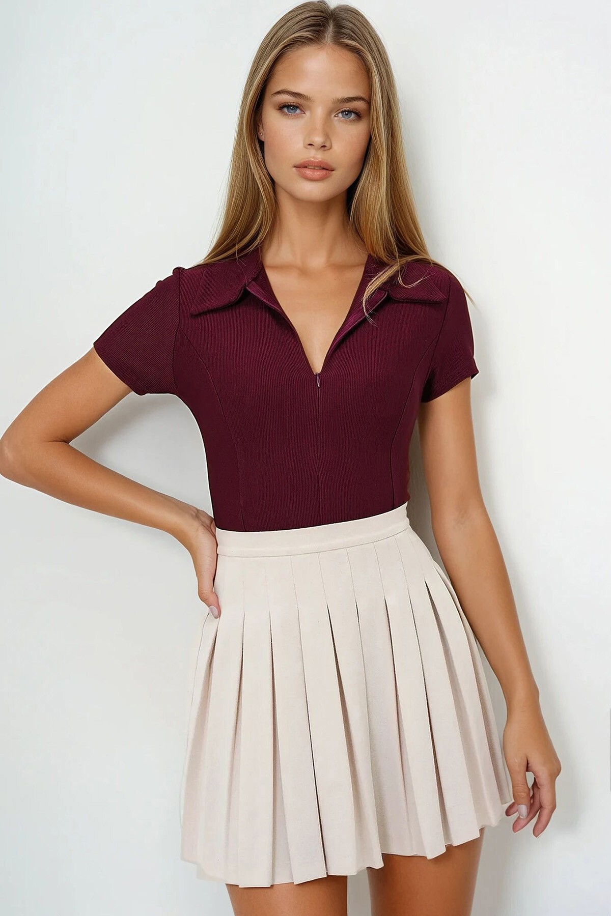 Bordo Gömlek Yaka Gizli Fermuarlı Ottoban Bluz