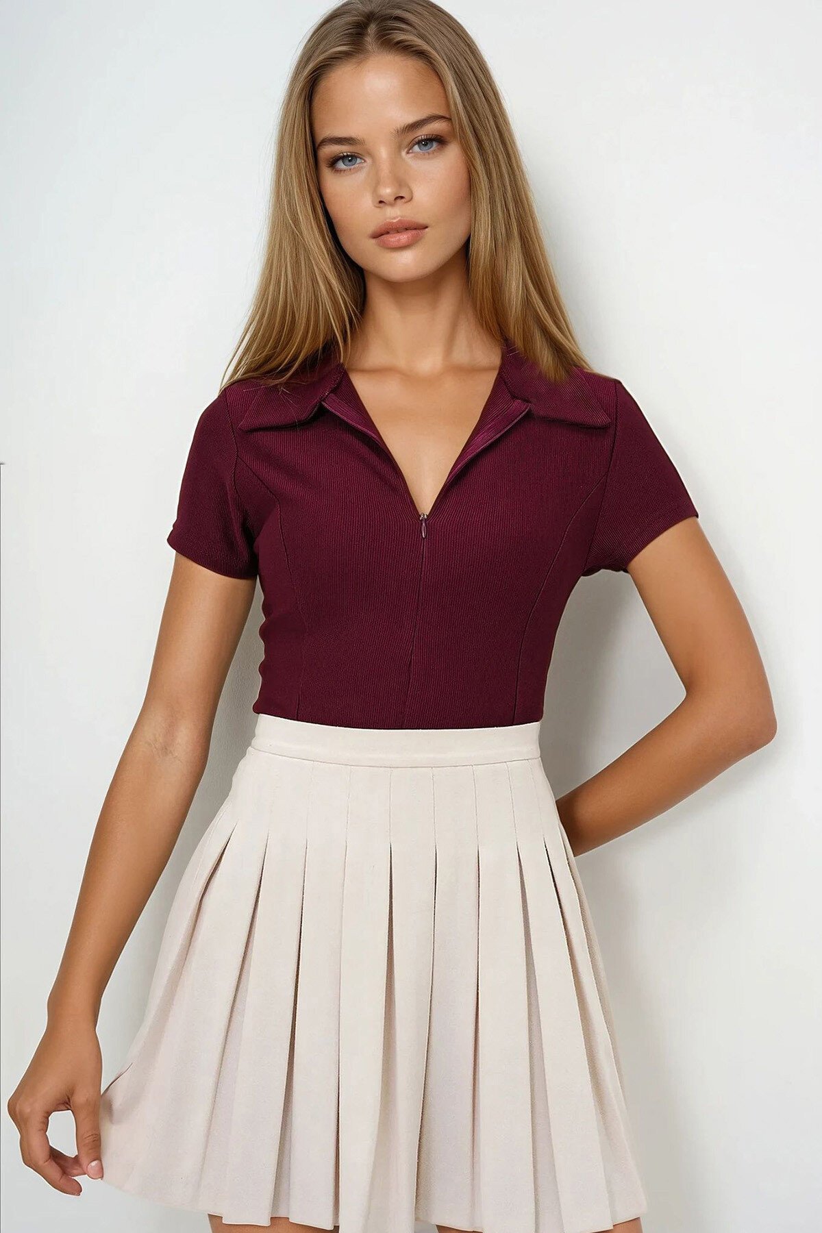 Bordo Gömlek Yaka Gizli Fermuarlı Ottoban Bluz