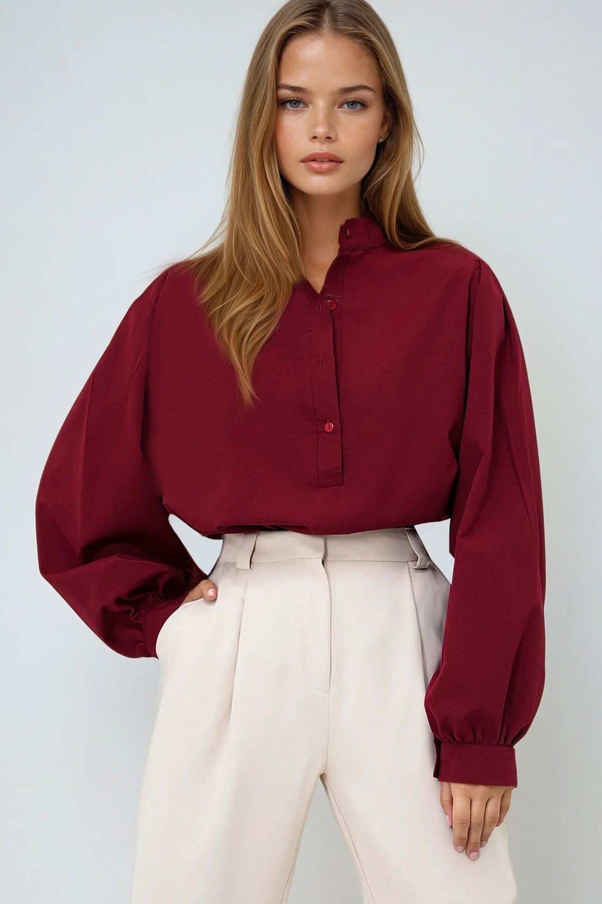Bordo Hakim Yaka Önü Düğmeli Balon Kol Poplin Dokuma Gömlek